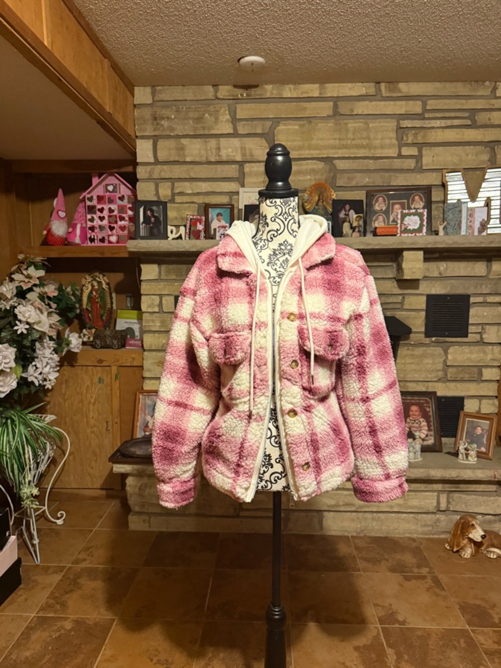 No Boundaries Pink and Cream Plaid Teddy Jacket with Hood